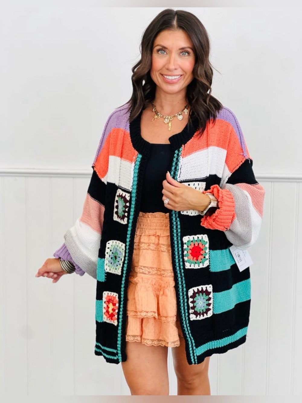 NWOT POL Colorblock Granny Crochet Patch Cardigan Sweater - Black Multi